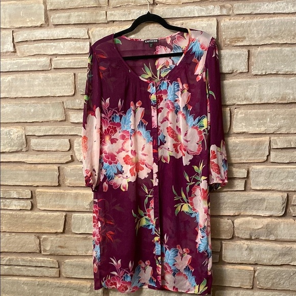 Express Women's Purple/Magenta Floral Button Up Dress Size L - Picture 2 of 6